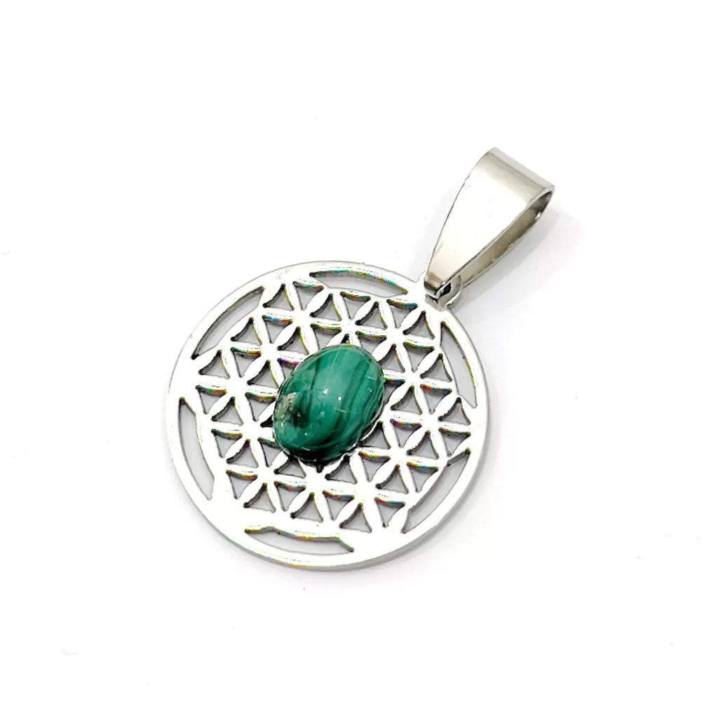 SKU 17.862 FLOR DE LA VIDA PEQUEÑO DE ACERO Y MALAQUITA