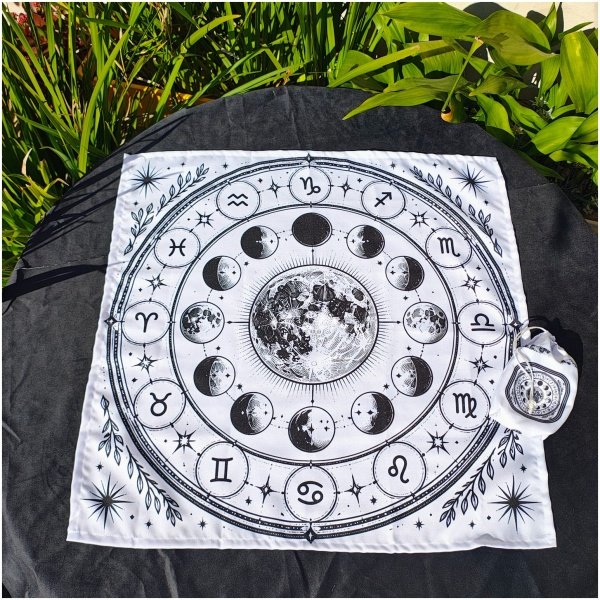 SIGNOS ZODIACO BLANCO Y NEGRO PAÑO DE TAROT GRANDE 65X65CM CON BOLSA