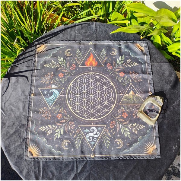 FLOR DE LA VIDA NEGRO PAÑO DE TAROT GRANDE 65X65CM CON BOLSA